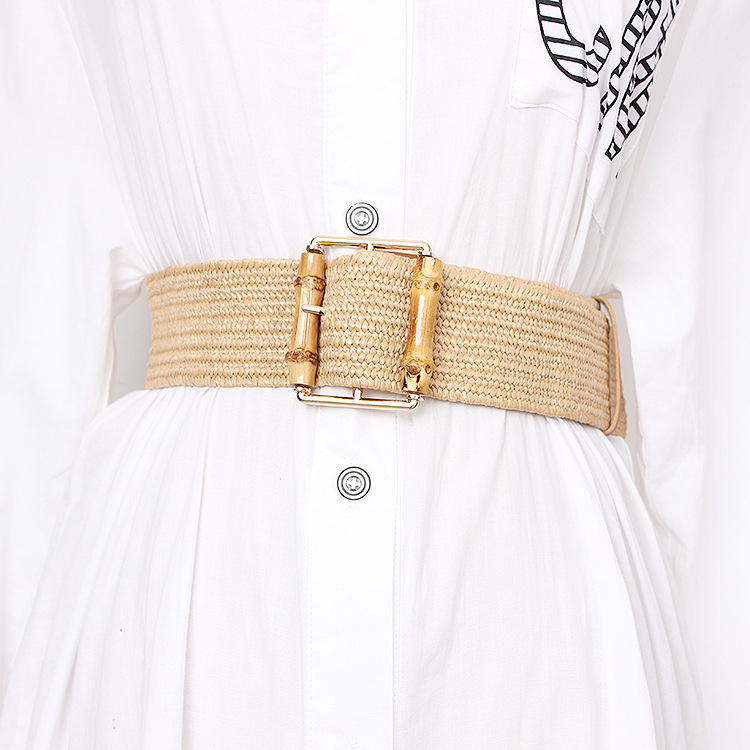 Off White Belt - ใหม่ยืดหยุ่นทอเข็มขัดผู้หญิงยี่ห้อคุณภาพสูง Bohemian ไม้ไผ่เข็มหัวเข็มขัดหญ้าถักชุด Cintos Off เข็มขัดสีขาว