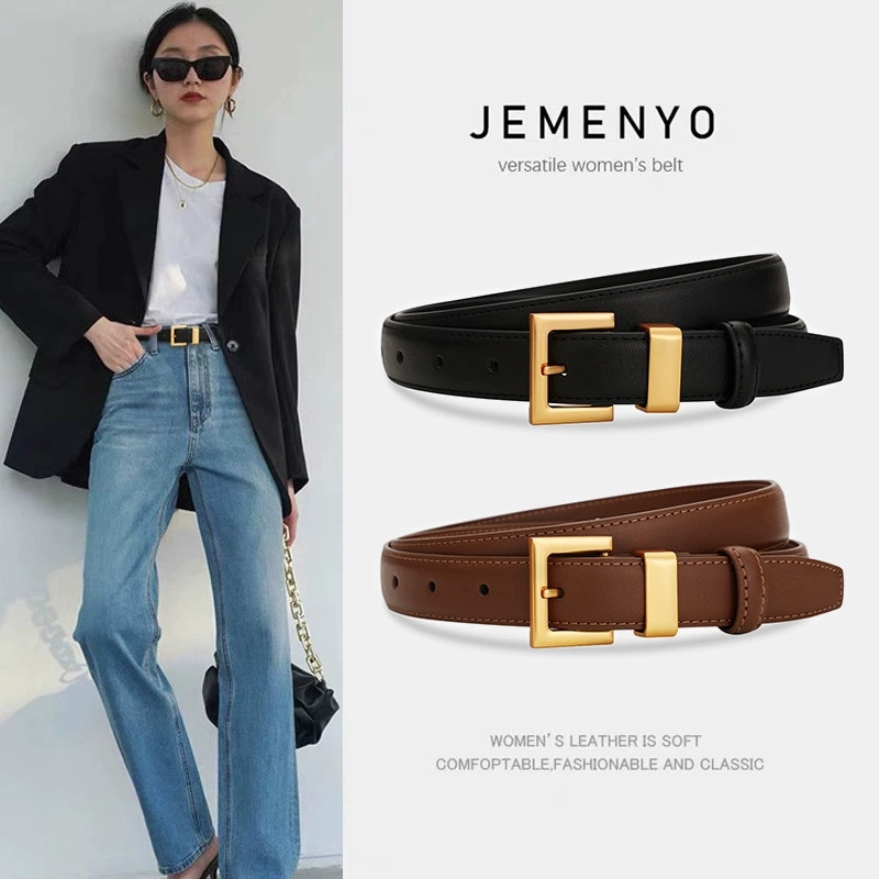 Off White Belt - เข็มขัดหนังสำหรับสุภาพสตรี; เข็มขัดหนังวัวอเนกประสงค์สำหรับตกแต่งชุดสูท; เข็มขัดยีนส์สไตล์เรโทรเรียบง่ายระดับไฮเอนด์สีดำ