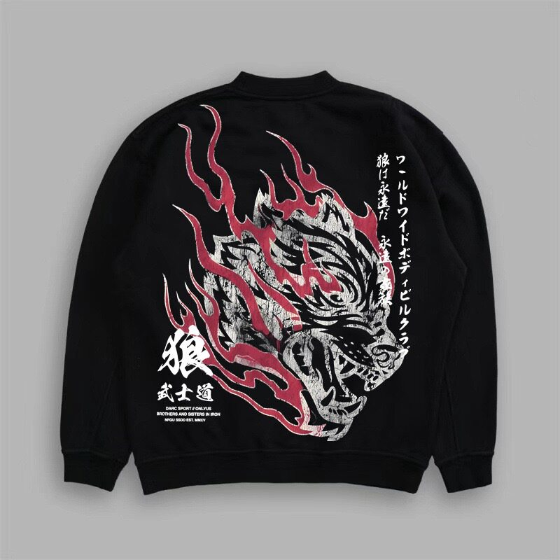 Streetwear Brand Hoodies - เสื้อสเวตเชิ้ตพิมพ์ลายหัวหมาป่าสไตล์เรโทร แบรนด์สตรีทแวร์อเมริกันใหม่ สำหรับผู้ชายและผู้หญิง ทรงหลวม คอกลม