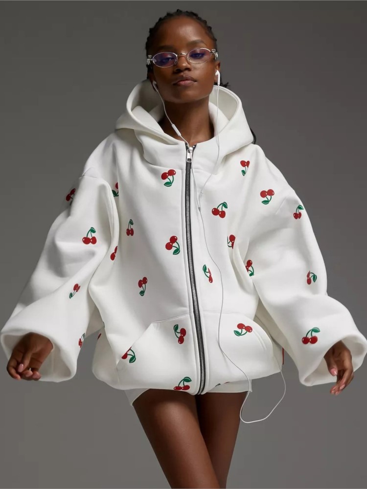 Streetwear Brand Hoodies - ผู้หญิงเชอร์รี่พิมพ์เสื้อแจ็คเก็ต 2025 ฤดูใบไม้ร่วง Street สไตล์แฟชั่นอินเทรนด์หลวมอเนกประสงค์กีฬา Hoodie
