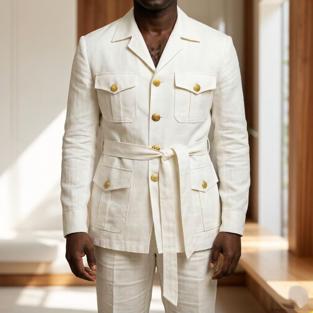 Off White Belt - ชุดสูทซาฟารีผ้าลินินสีขาวสำหรับผู้ชาย 2 ชิ้น ปกแบบ Notched Lapel