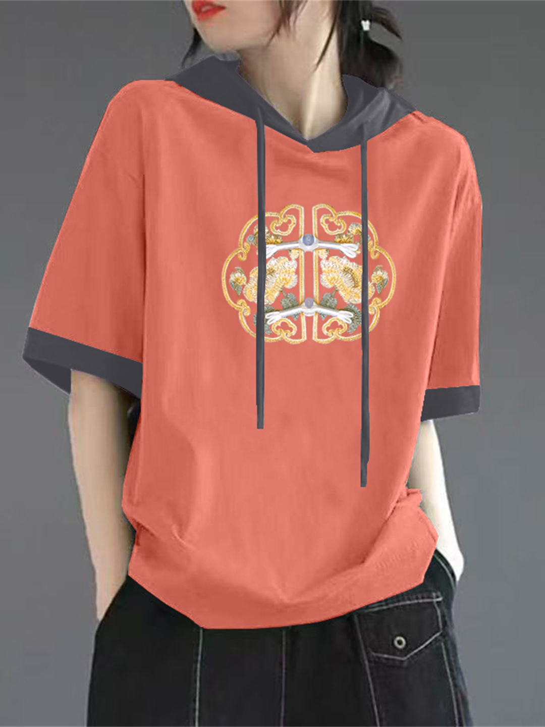 เสื้อยืดแขนสั้นผ้าฝ้ายสีแดงสำห - Streetwear Brand Hoodies บทวิจารณ์และราคา