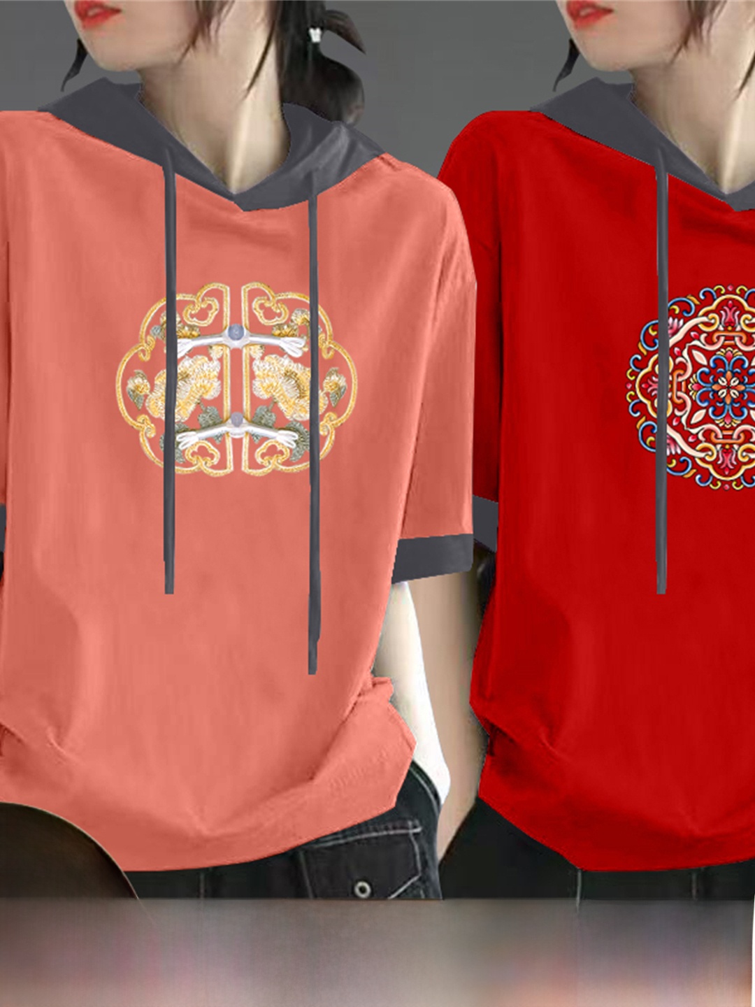 เสื้อยืดแขนสั้นผ้าฝ้ายสีแดงสำห - Streetwear Brand Hoodies บทวิจารณ์และราคา