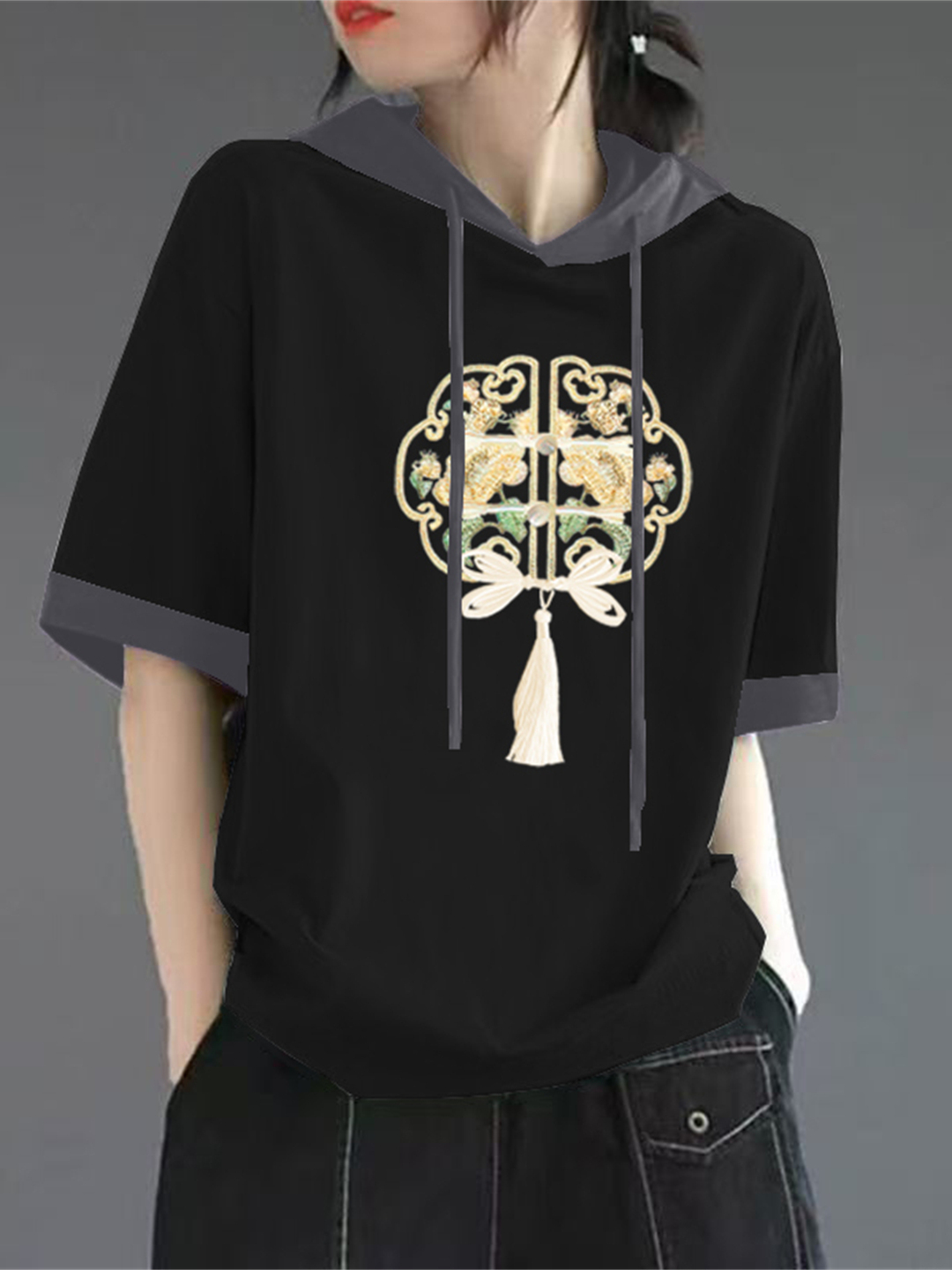 เสื้อยืดแขนสั้นผ้าฝ้ายสีแดงสำห - Streetwear Brand Hoodies บทวิจารณ์และราคา